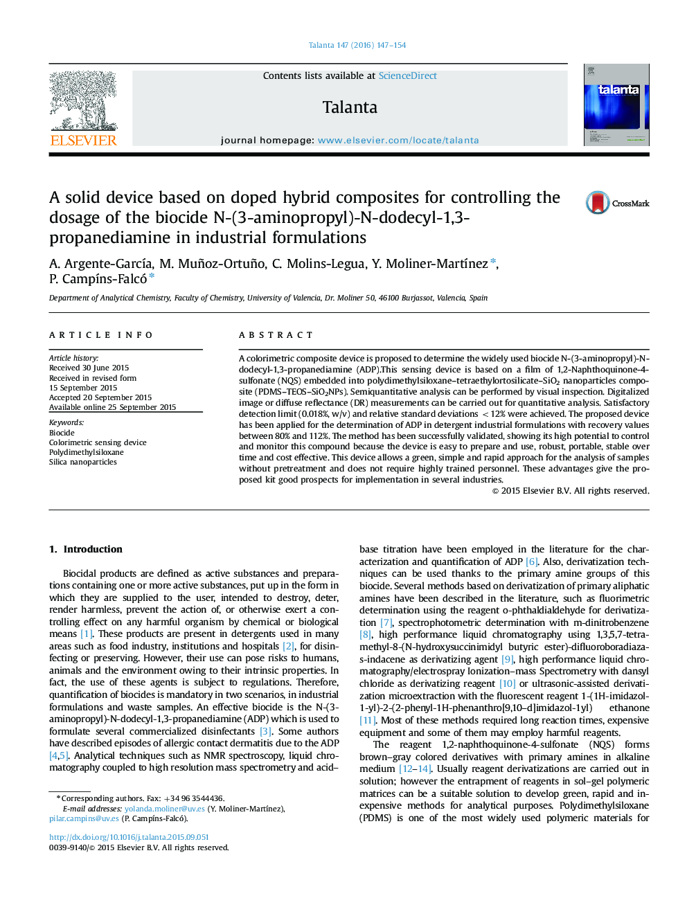 A solid device based on doped hybrid composites for controlling the dosage of the biocide N-(3-aminopropyl)-N-dodecyl-1,3-propanediamine in industrial formulations