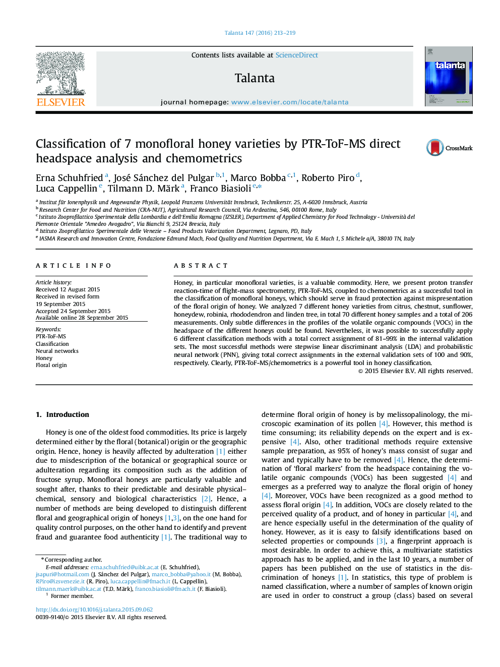 Classification of 7 monofloral honey varieties by PTR-ToF-MS direct headspace analysis and chemometrics