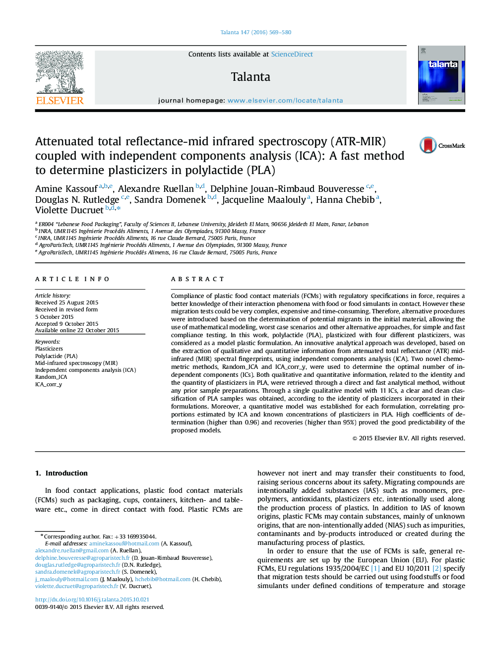 Attenuated total reflectance-mid infrared spectroscopy (ATR-MIR) coupled with independent components analysis (ICA): A fast method to determine plasticizers in polylactide (PLA)