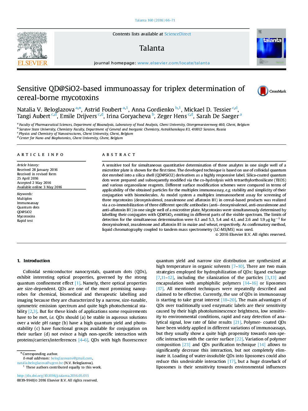 Sensitive QD@SiO2-based immunoassay for triplex determination of cereal-borne mycotoxins