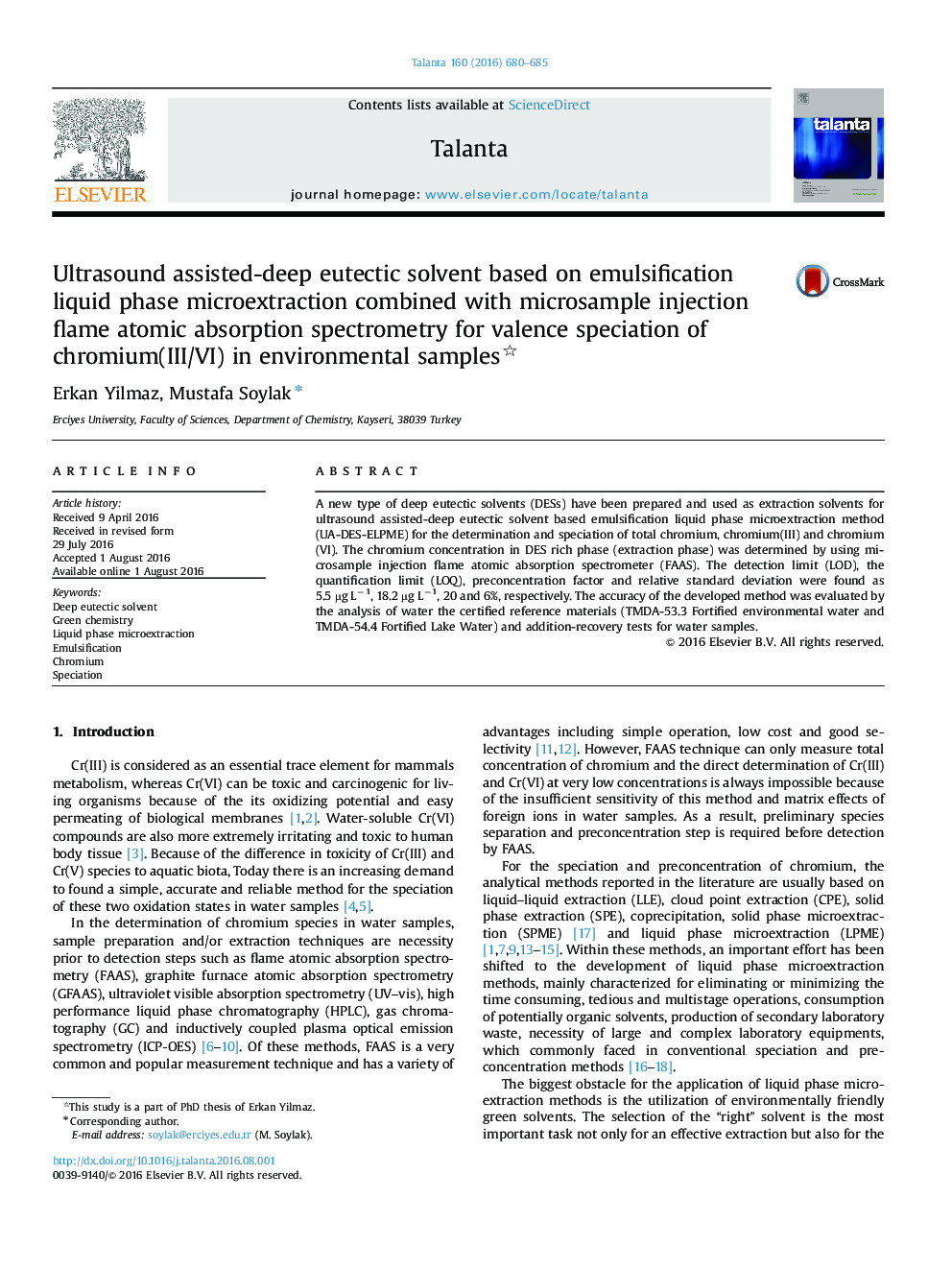 Ultrasound assisted-deep eutectic solvent based on emulsification liquid phase microextraction combined with microsample injection flame atomic absorption spectrometry for valence speciation of chromium(III/VI) in environmental samples 