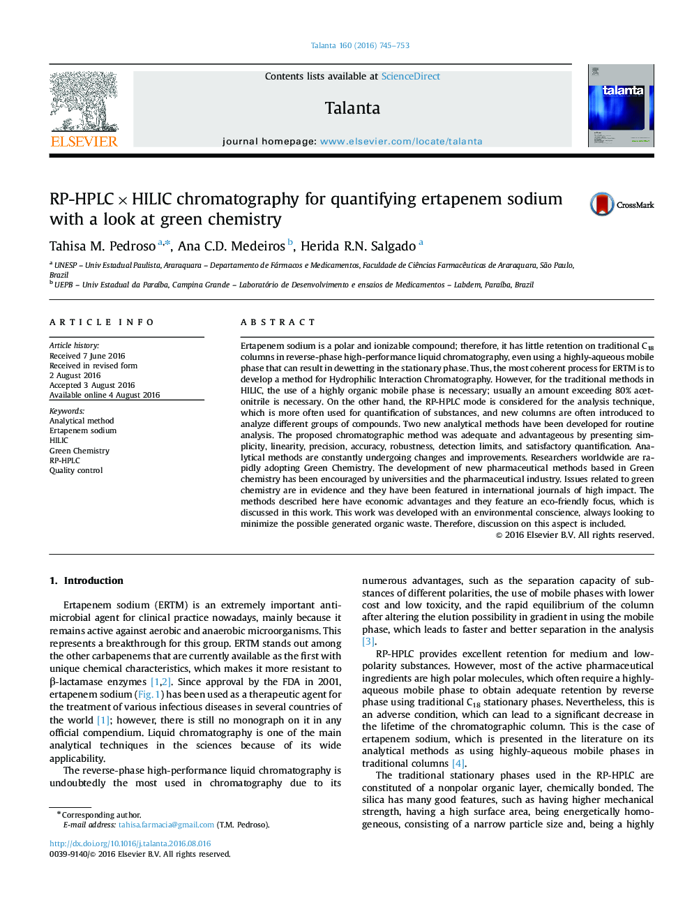RP-HPLC×HILIC chromatography for quantifying ertapenem sodium with a look at green chemistry