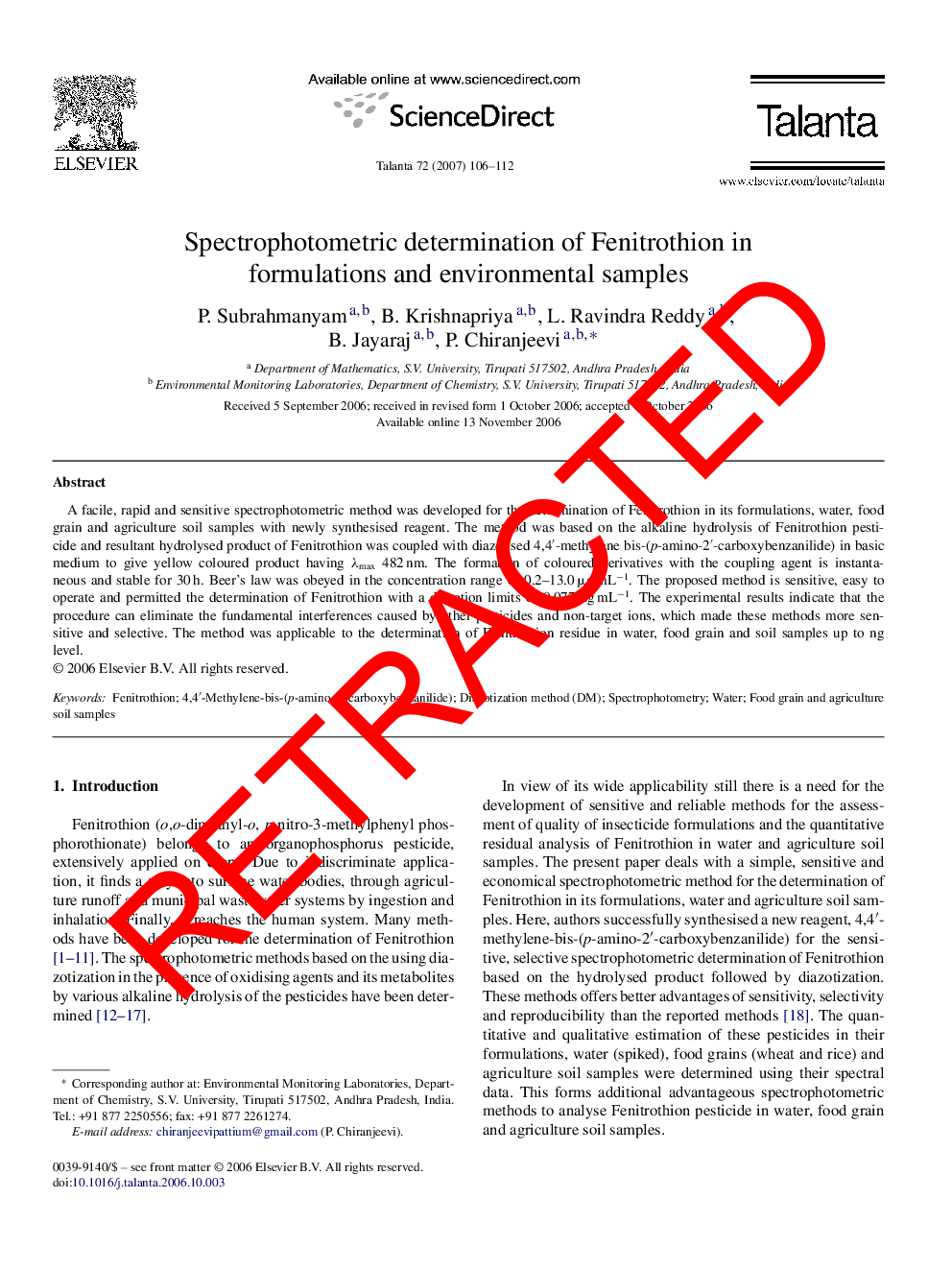 RETRACTED: Spectrophotometric determination of Fenitrothion in formulations and environmental samples