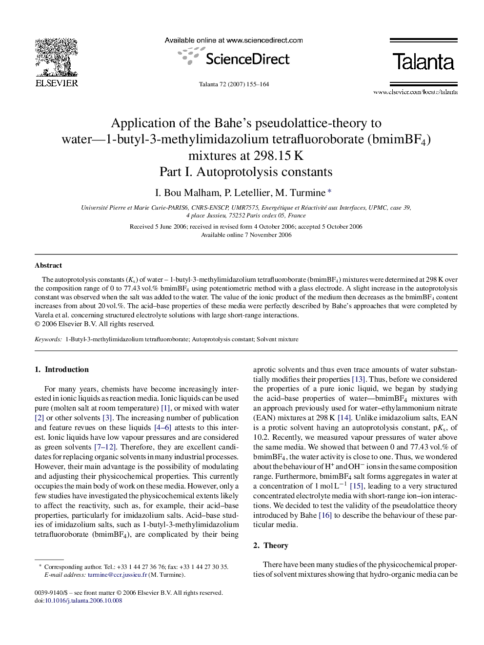 Application of the Bahe's pseudolattice-theory to water—1-butyl-3-methylimidazolium tetrafluoroborate (bmimBF4) mixtures at 298.15 K: Part I. Autoprotolysis constants