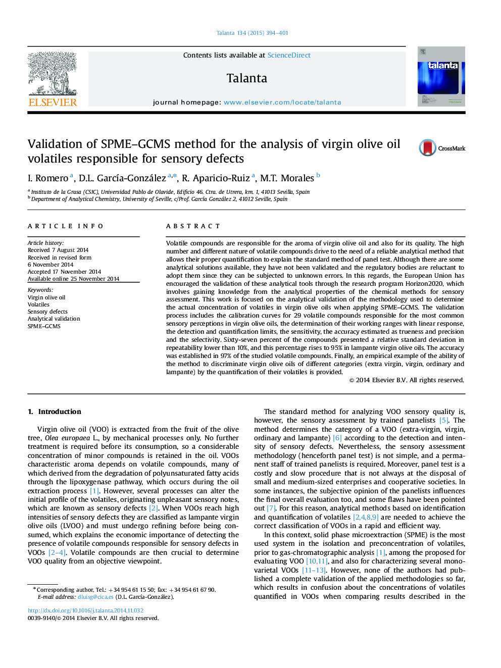 Validation of SPME–GCMS method for the analysis of virgin olive oil volatiles responsible for sensory defects