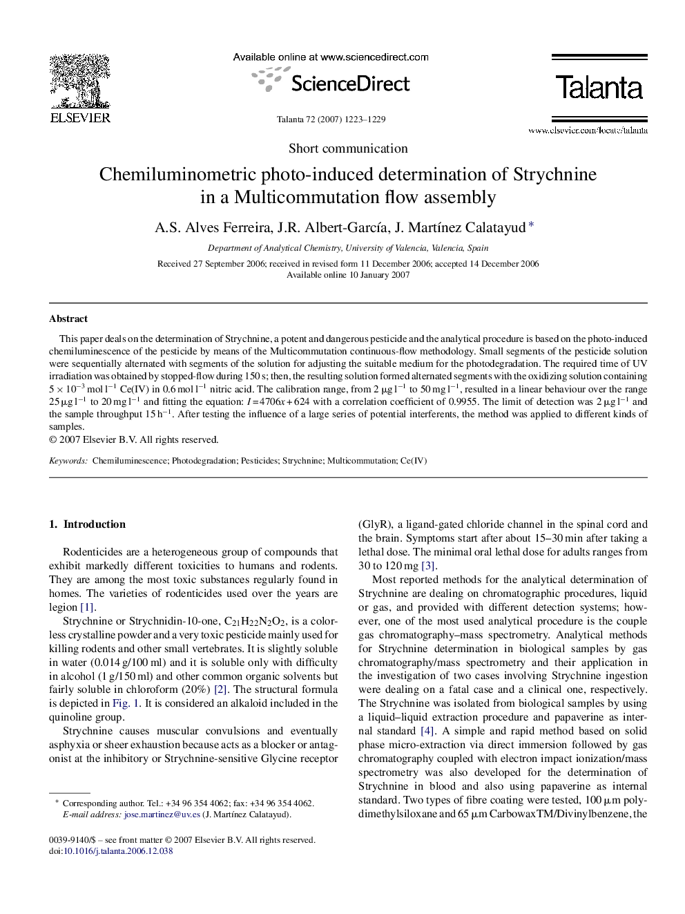 Chemiluminometric photo-induced determination of Strychnine in a Multicommutation flow assembly