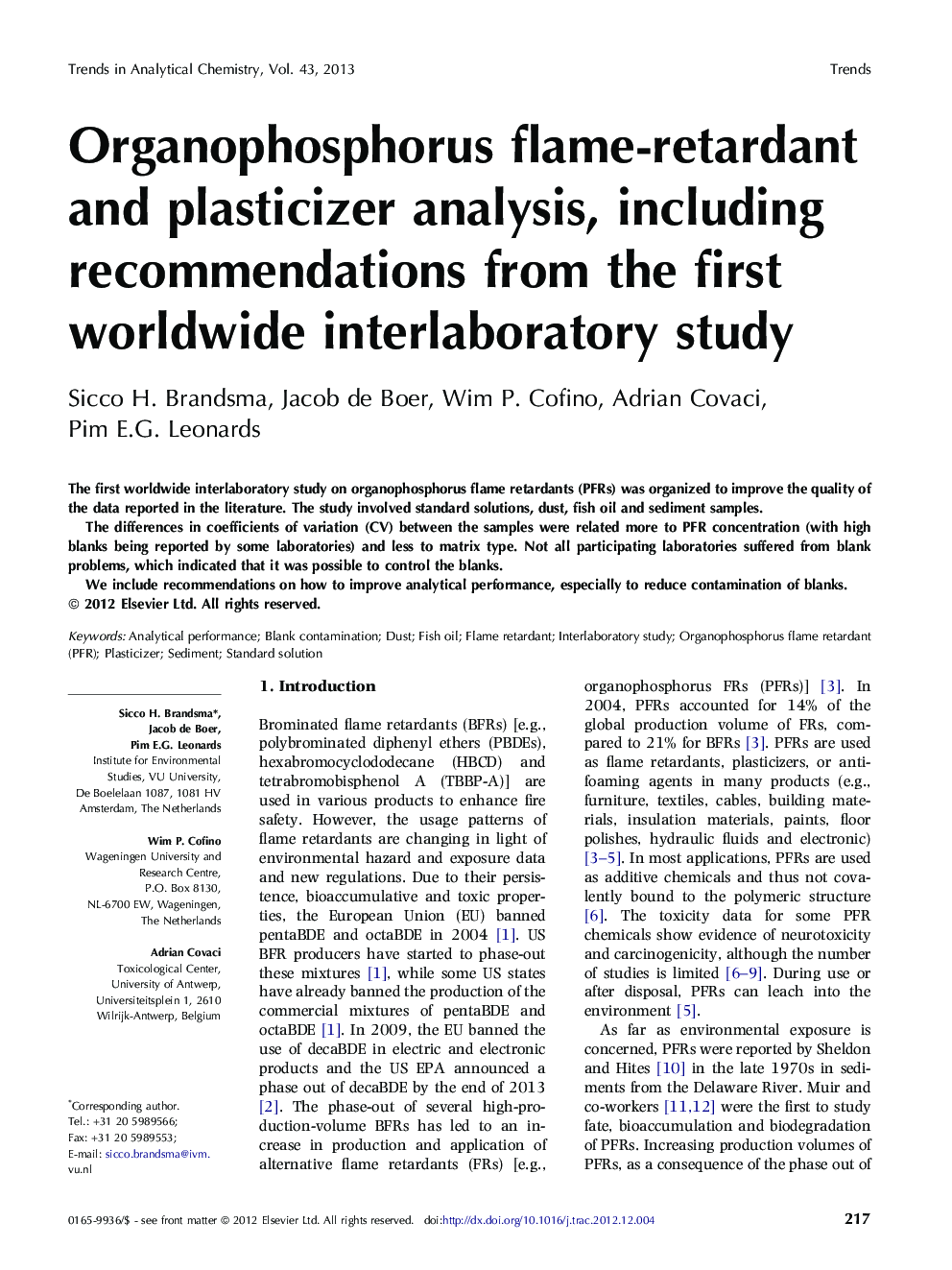 Organophosphorus flame-retardant and plasticizer analysis, including recommendations from the first worldwide interlaboratory study