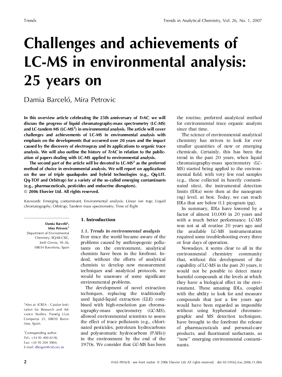 Challenges and achievements of LC-MS in environmental analysis: 25 years on