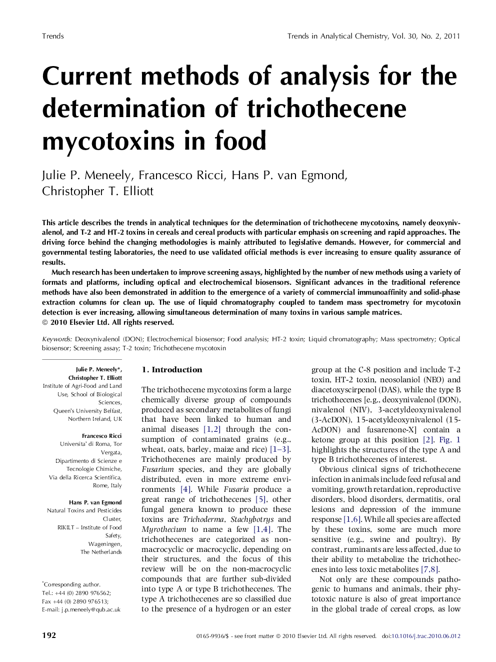 Current methods of analysis for the determination of trichothecene mycotoxins in food