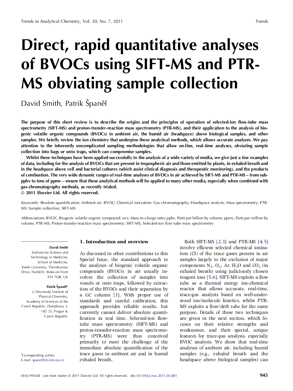 Direct, rapid quantitative analyses of BVOCs using SIFT-MS and PTR-MS obviating sample collection
