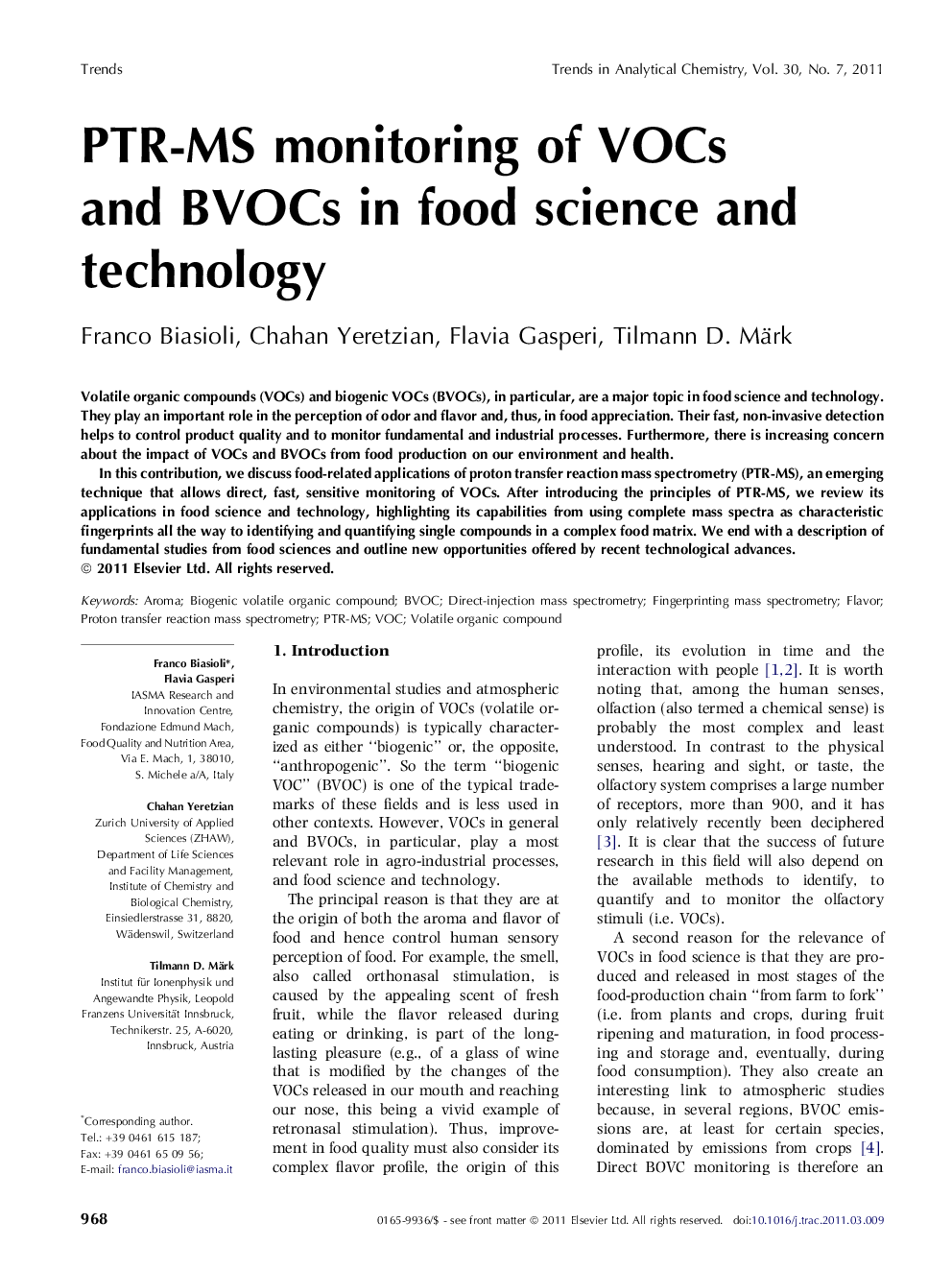 PTR-MS monitoring of VOCs and BVOCs in food science and technology