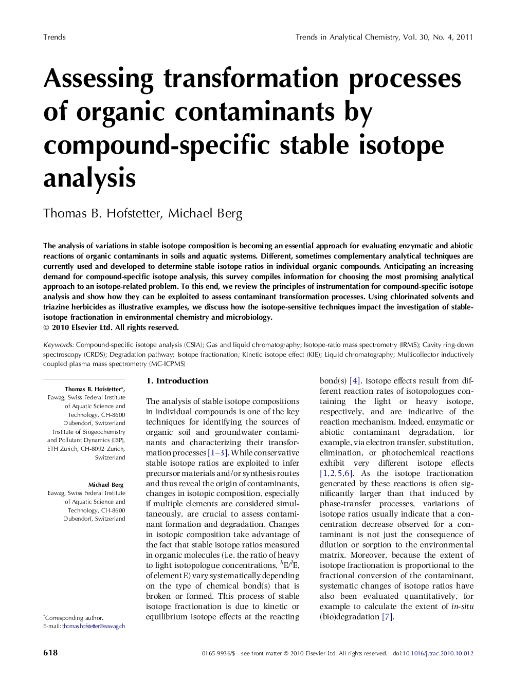 Assessing transformation processes of organic contaminants by compound-specific stable isotope analysis