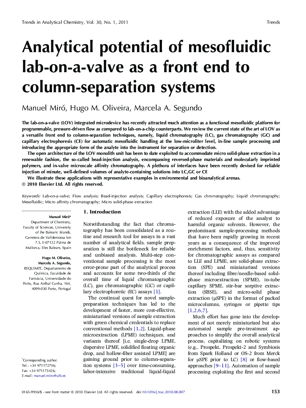 Analytical potential of mesofluidic lab-on-a-valve as a front end to column-separation systems