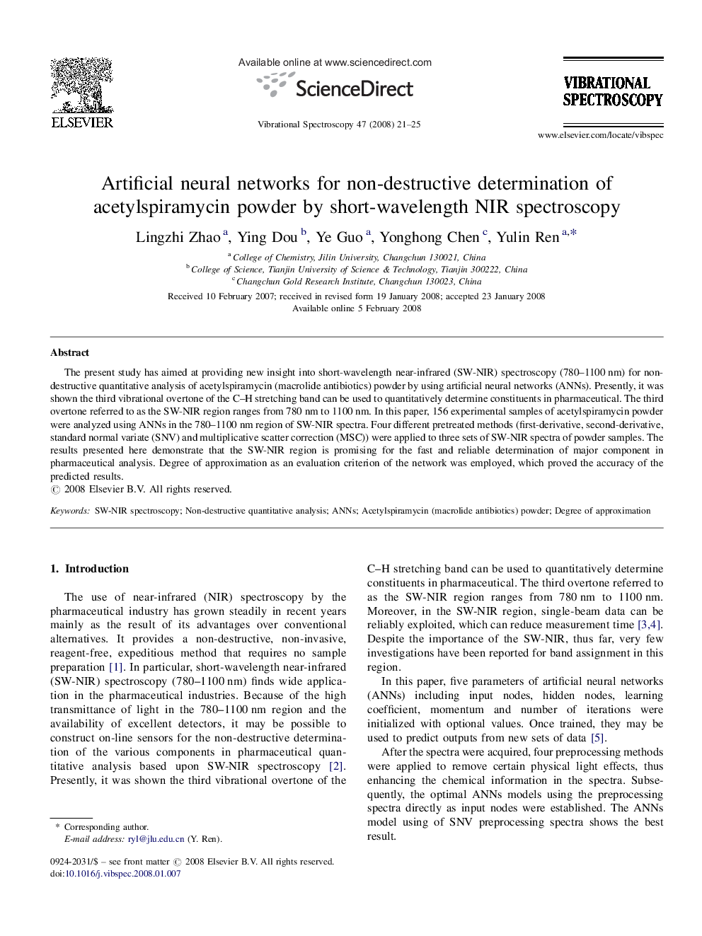 Artificial neural networks for non-destructive determination of acetylspiramycin powder by short-wavelength NIR spectroscopy