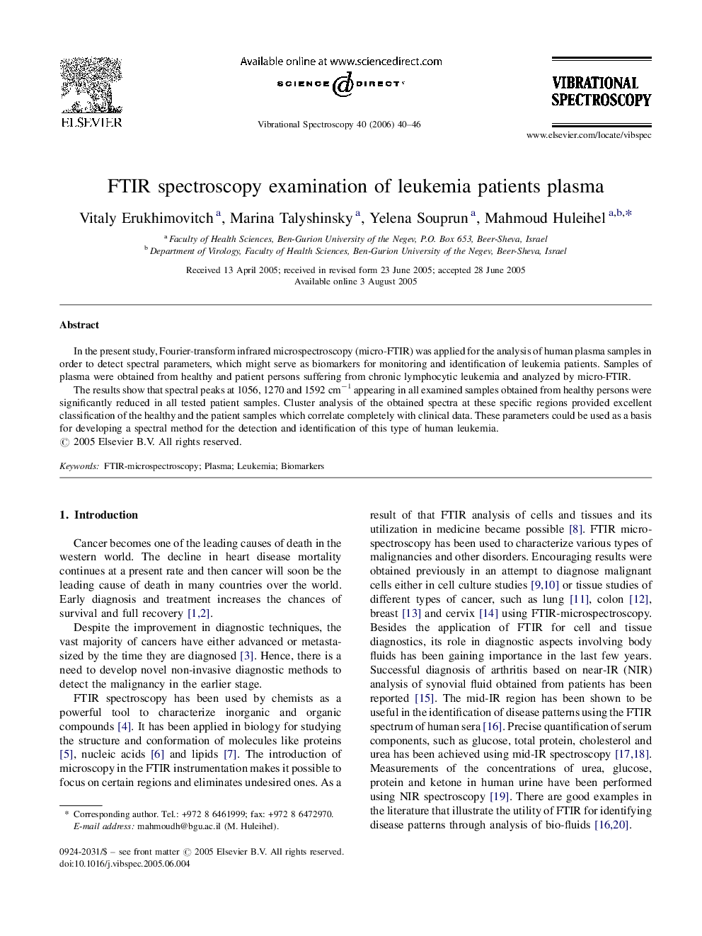 FTIR spectroscopy examination of leukemia patients plasma