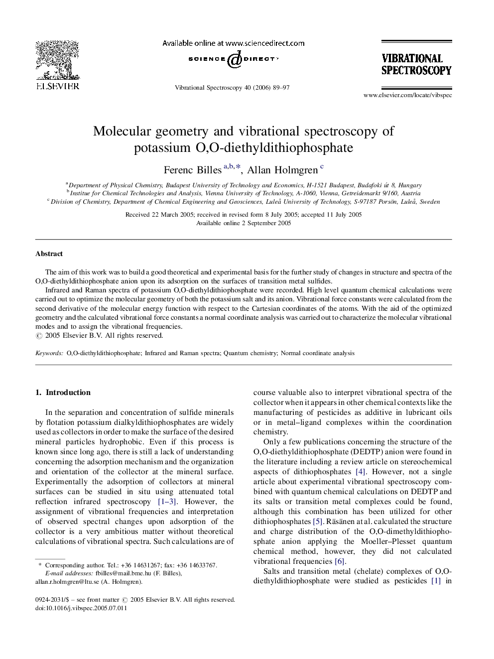 Molecular geometry and vibrational spectroscopy of potassium O,O-diethyldithiophosphate