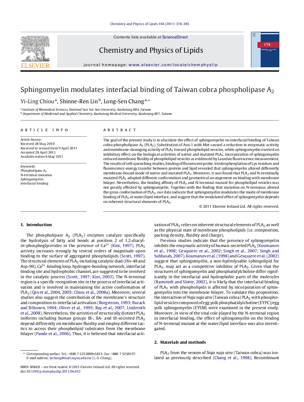 Sphingomyelin modulates interfacial binding of Taiwan cobra phospholipase A2