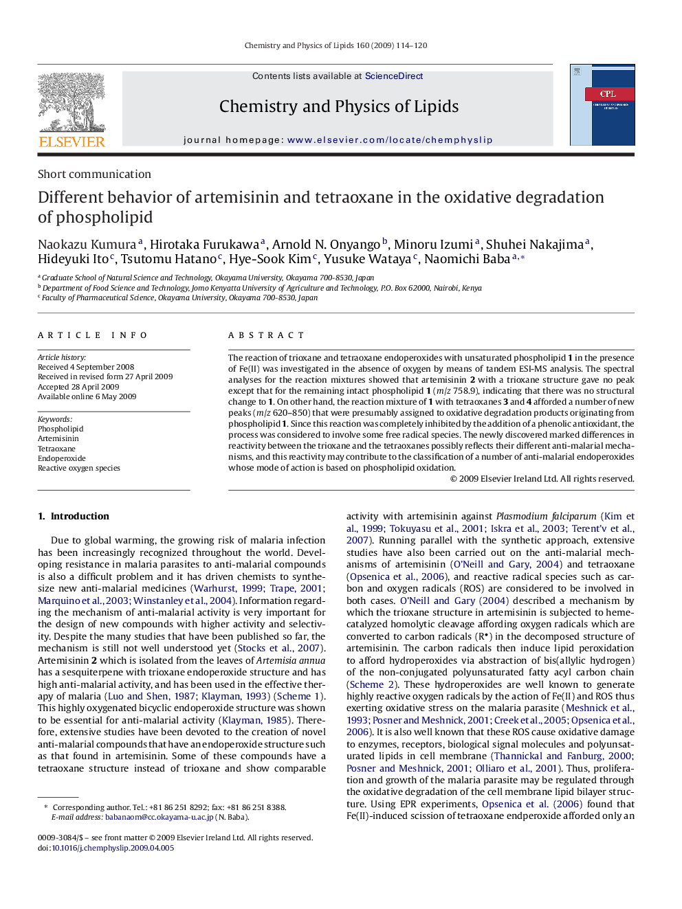 Different behavior of artemisinin and tetraoxane in the oxidative degradation of phospholipid