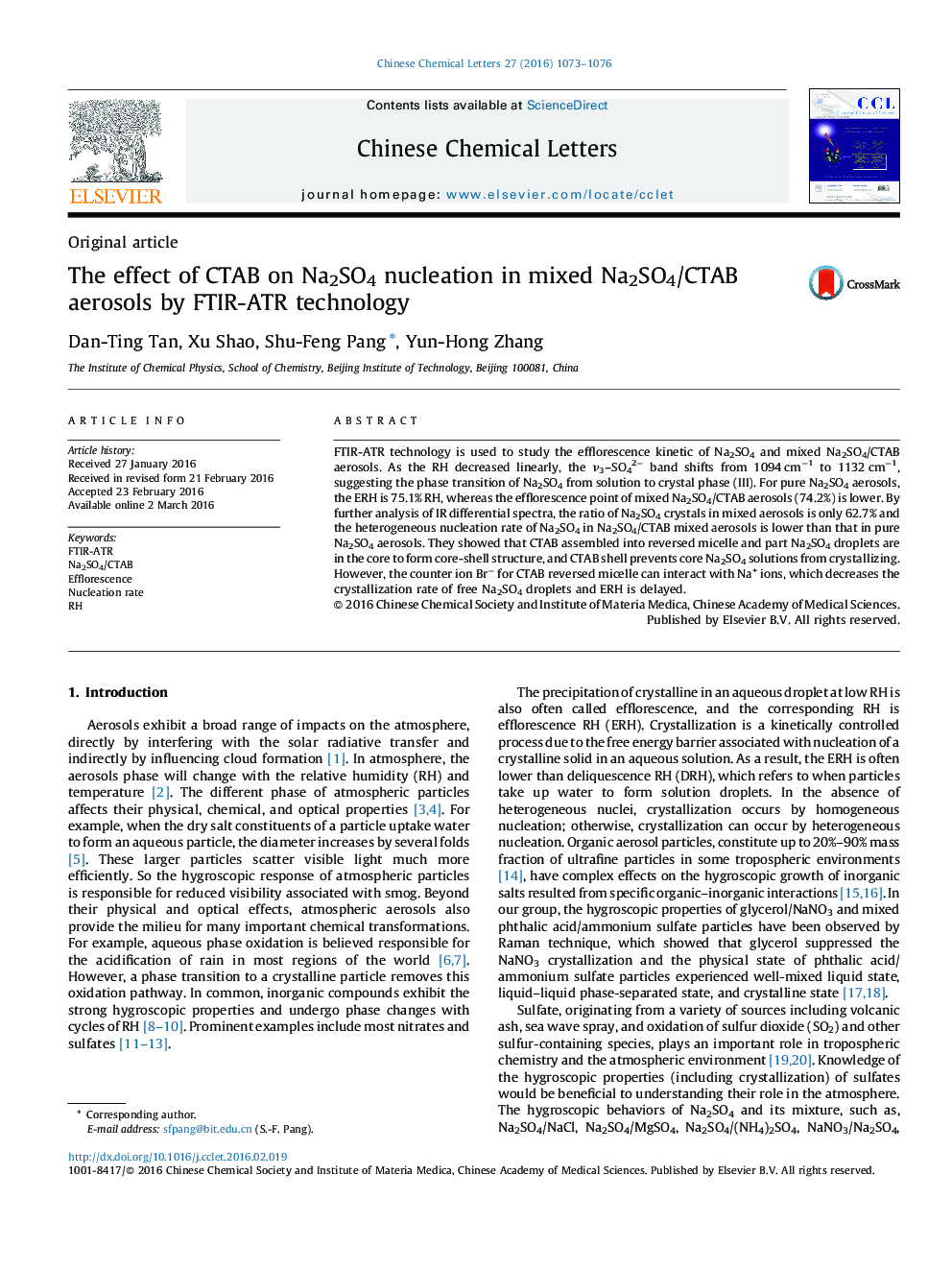 The effect of CTAB on Na2SO4 nucleation in mixed Na2SO4/CTAB aerosols by FTIR-ATR technology