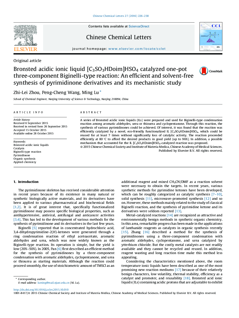 Bronsted acidic ionic liquid [C3SO3HDoim]HSO4 catalyzed one-pot three-component Biginelli-type reaction: An efficient and solvent-free synthesis of pyrimidinone derivatives and its mechanistic study