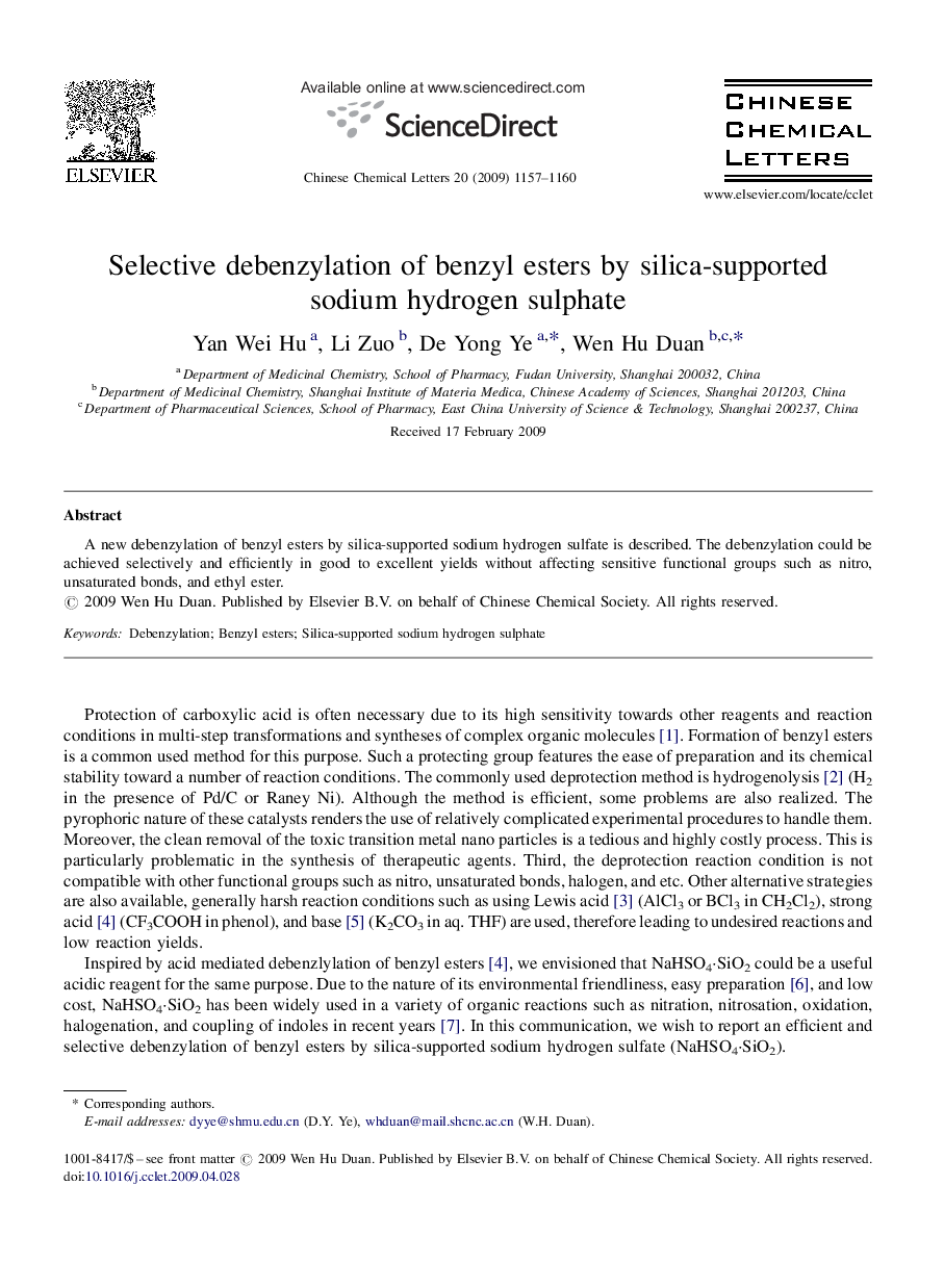 Selective debenzylation of benzyl esters by silica-supported sodium hydrogen sulphate