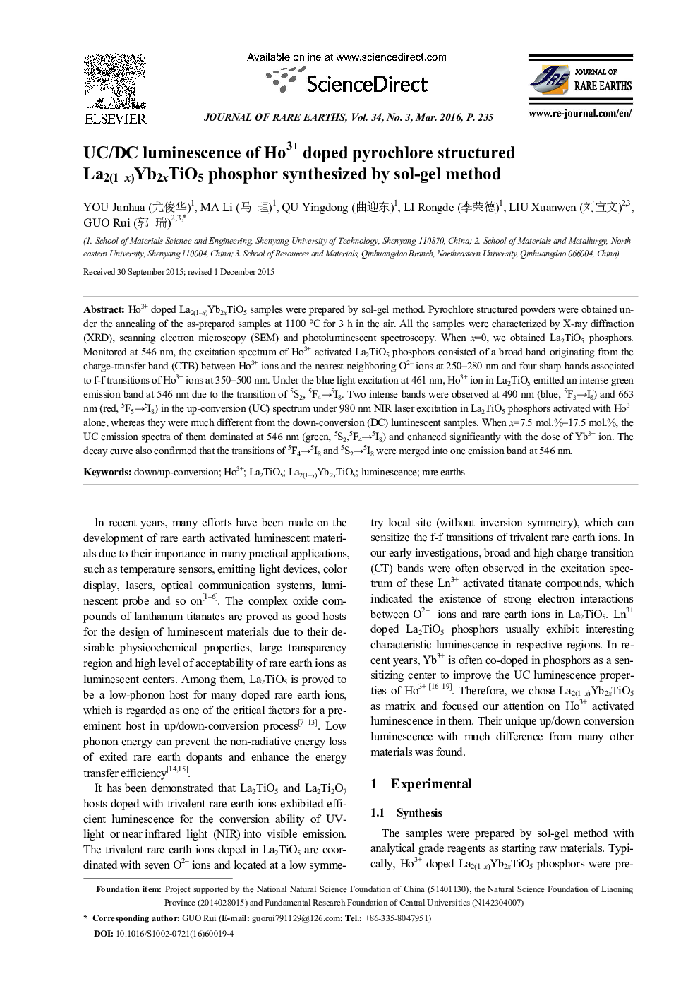 UC/DC luminescence of Ho3+ doped pyrochlore structured La2(1–x)Yb2xTiO5 phosphor synthesized by sol-gel method 