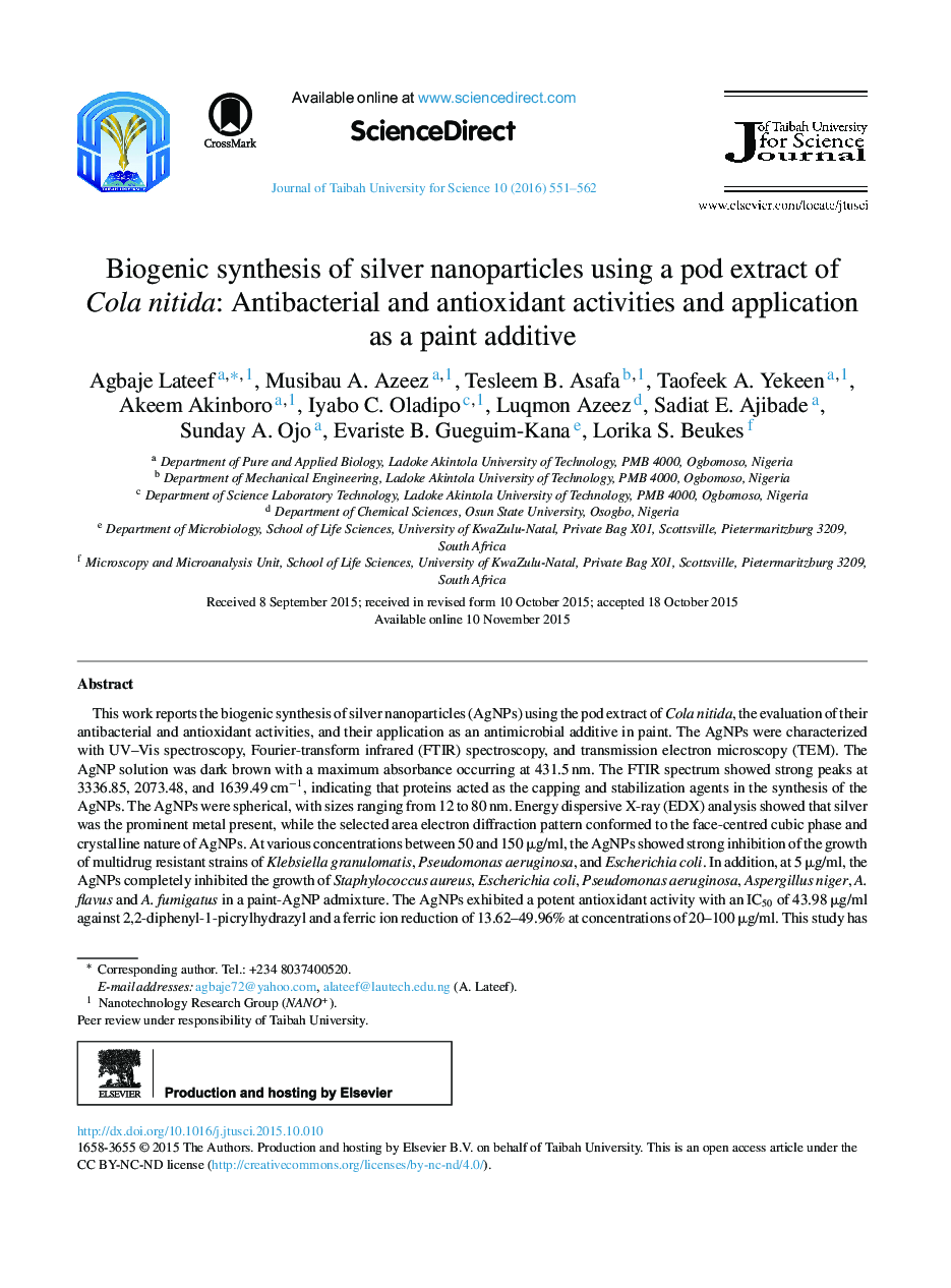 Biogenic synthesis of silver nanoparticles using a pod extract of Cola nitida: Antibacterial and antioxidant activities and application as a paint additive 