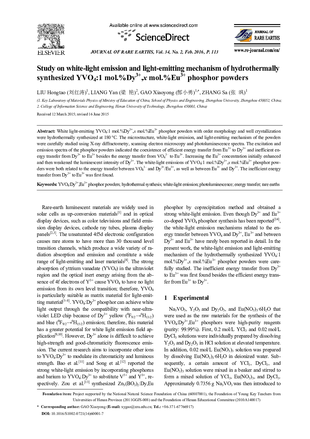 Study on white-light emission and light-emitting mechanism of hydrothermally synthesized YVO4:1 mol.%Dy3+, x mol.%Eu3+ phosphor powders 