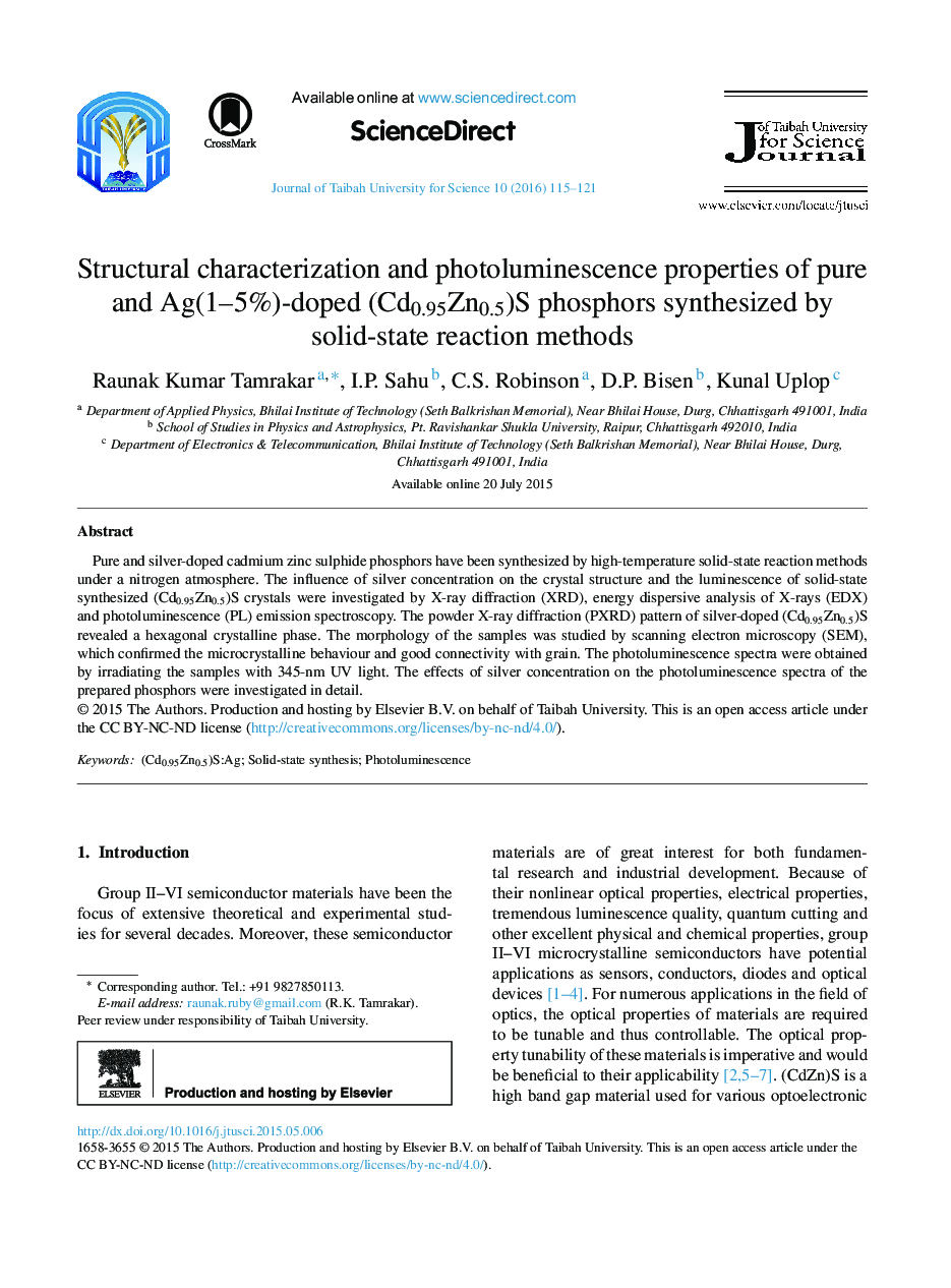 Structural characterization and photoluminescence properties of pure and Ag(1–5%)-doped (Cd0.95Zn0.5)S phosphors synthesized by solid-state reaction methods 