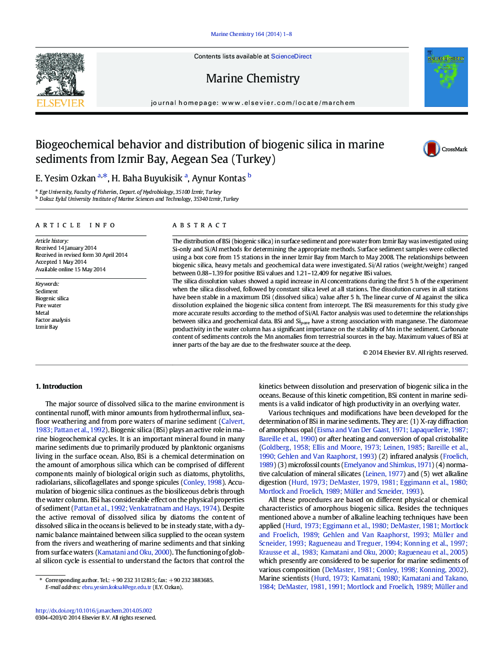 رفتار بیولوژیکی شیمیایی و توزیع سیلیس بیوژنیک در رسوبات دریایی از خلیج ازمیر، دریای اژه (ترکیه) 