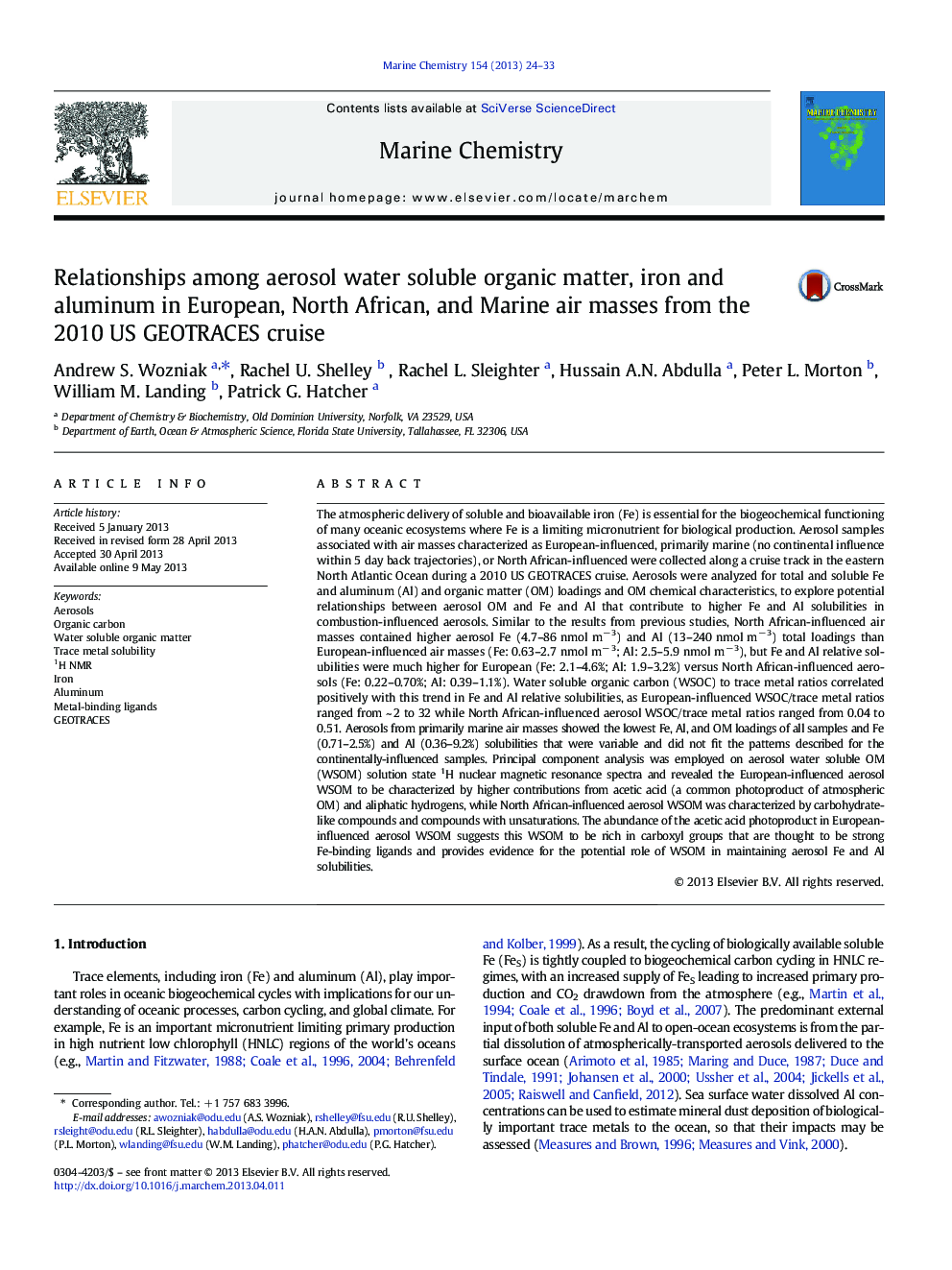 Relationships among aerosol water soluble organic matter, iron and aluminum in European, North African, and Marine air masses from the 2010 US GEOTRACES cruise