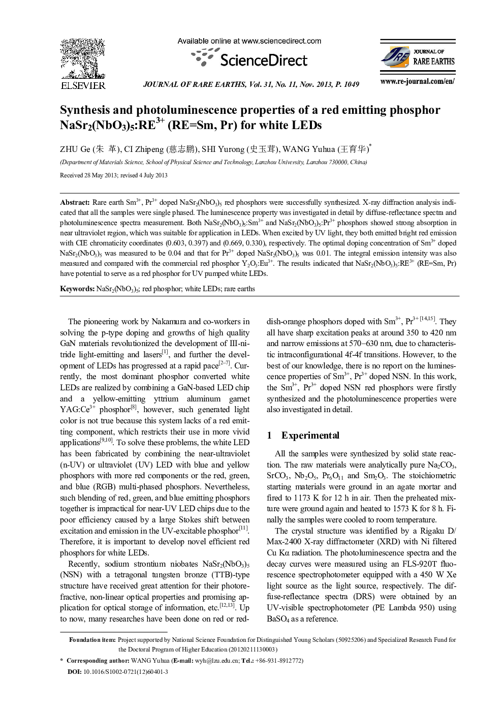 Synthesis and photoluminescence properties of a red emitting phosphor NaSr2(NbO3)5:RE3+ (RE=Sm, Pr) for white LEDs 