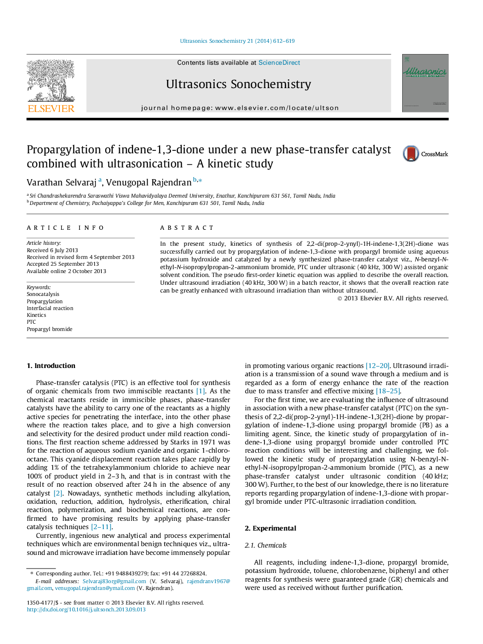 Propargylation of indene-1,3-dione under a new phase-transfer catalyst combined with ultrasonication – A kinetic study