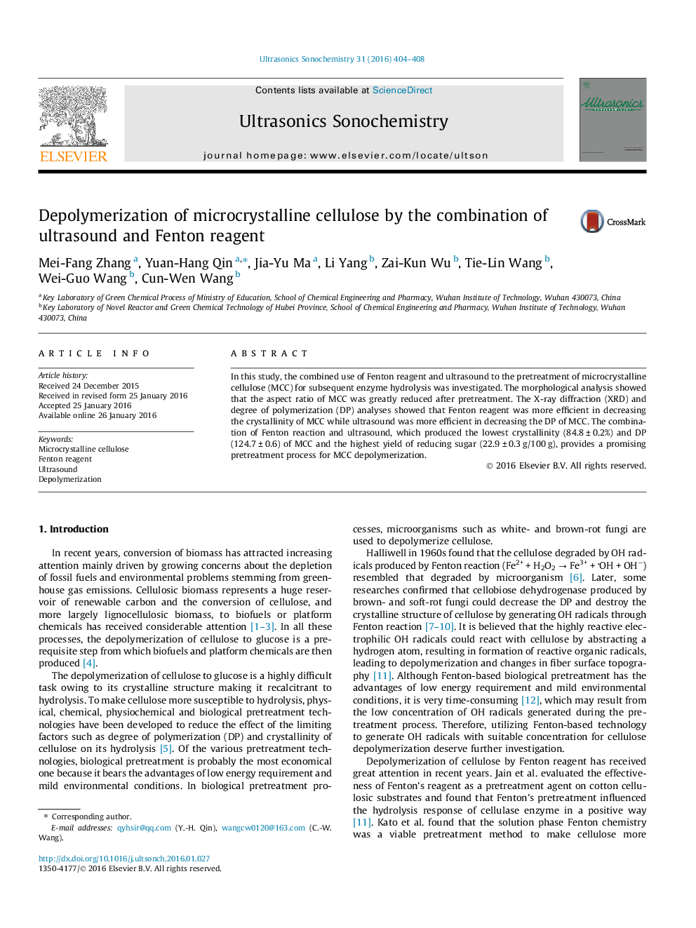 پلیمریزاسیون زدایی سلولز میکروکریستالی توسط ترکیب اولتراسوند و معرف فنتون