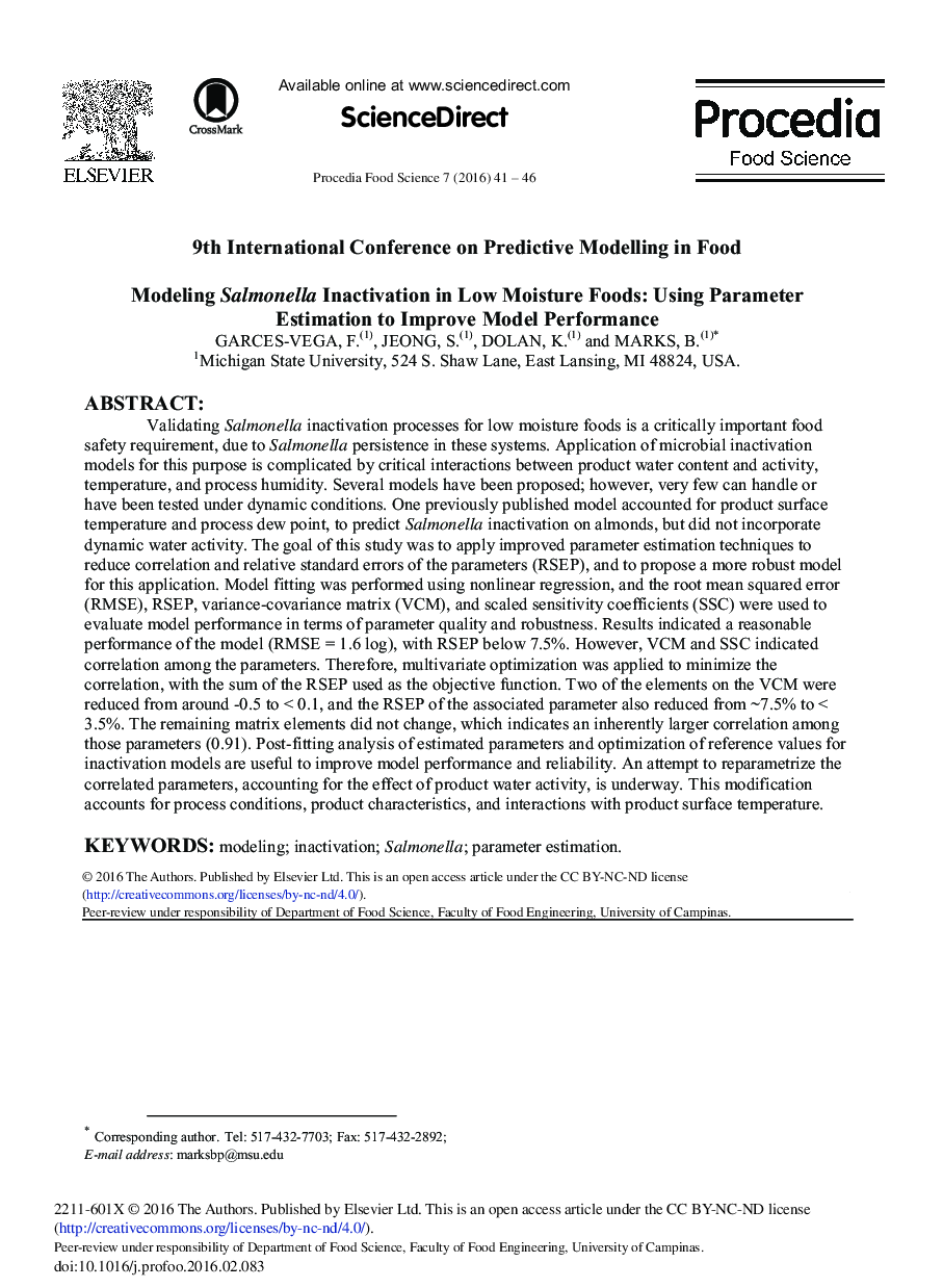 مدل سازی فعال نشدن سالمونلا در رطوبت پایین مواد غذایی: استفاده از برآورد پارامتر به منظور بهبود عملکرد مدل