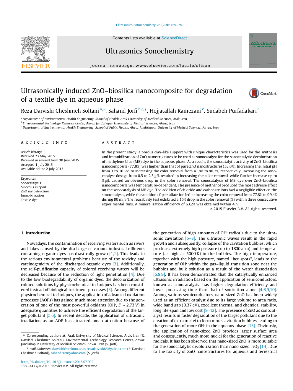 Ultrasonically induced ZnO–biosilica nanocomposite for degradation of a textile dye in aqueous phase