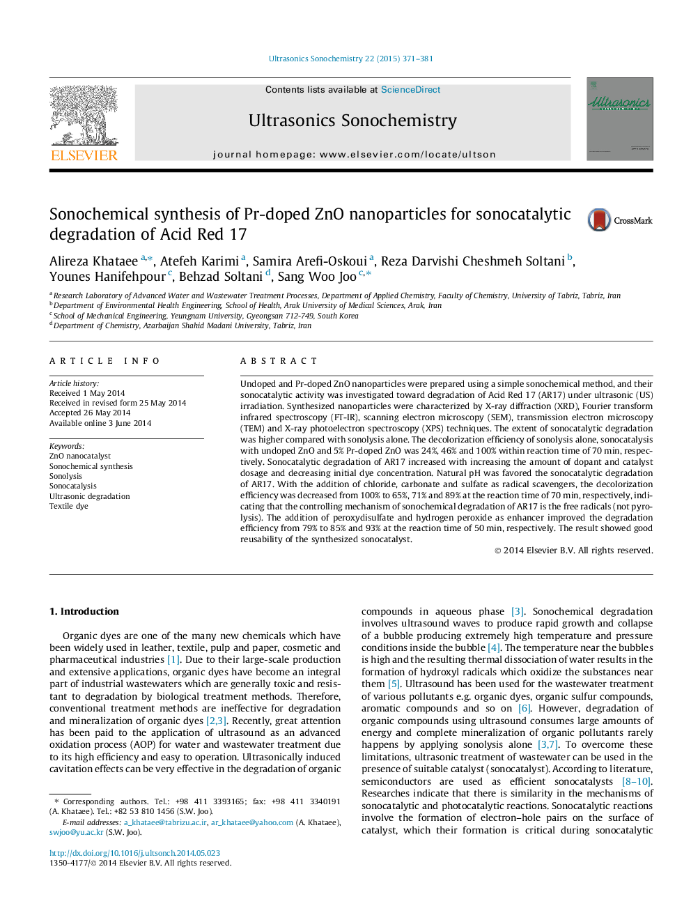 Sonochemical synthesis of Pr-doped ZnO nanoparticles for sonocatalytic degradation of Acid Red 17