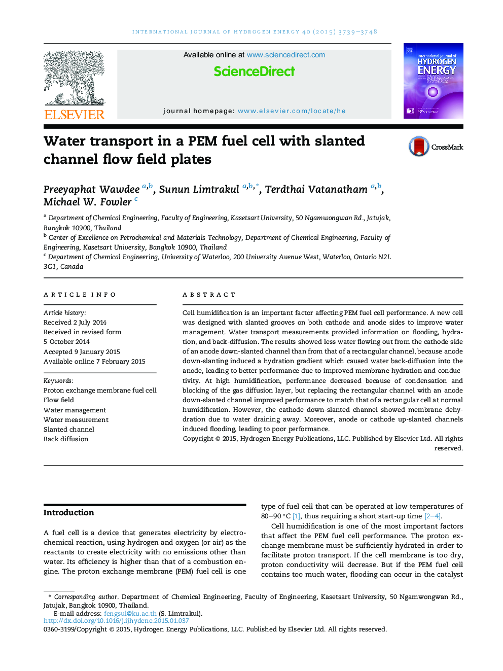 Water transport in a PEM fuel cell with slanted channel flow field plates