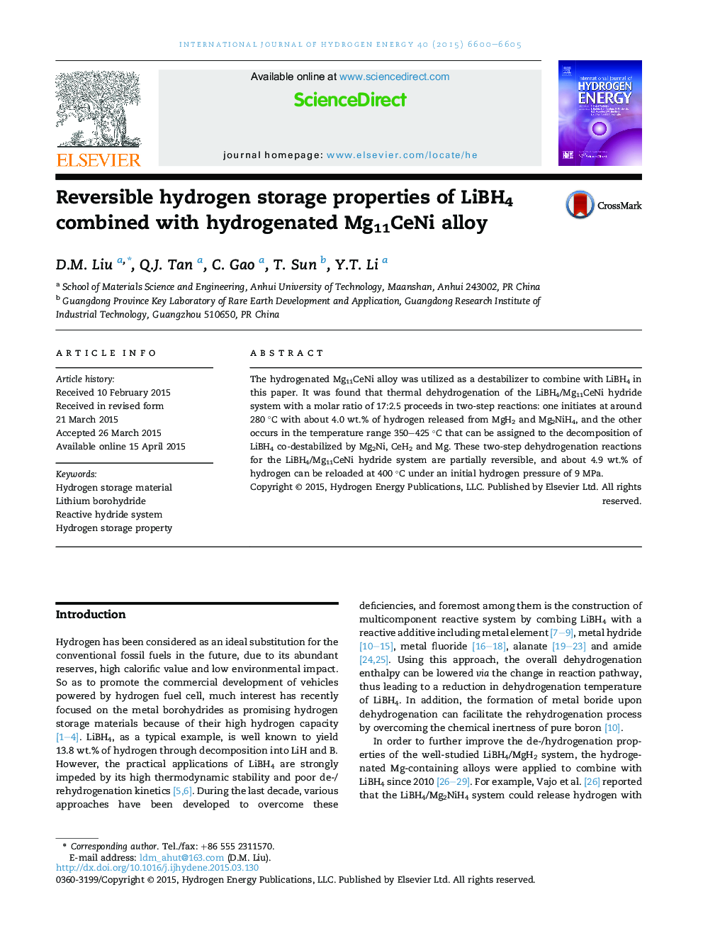 Reversible hydrogen storage properties of LiBH4 combined with hydrogenated Mg11CeNi alloy