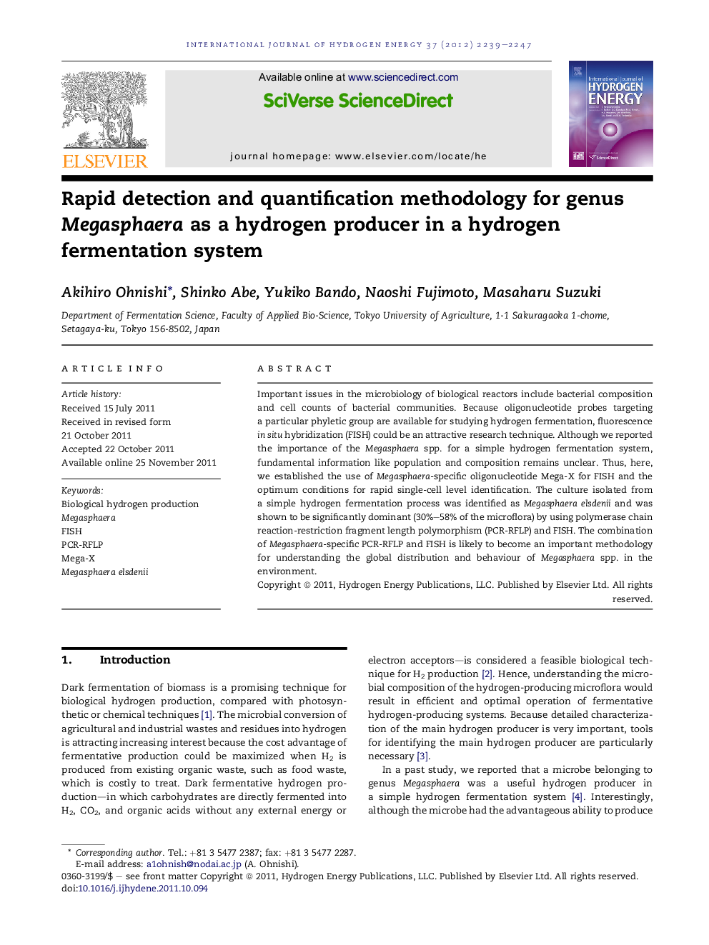 Rapid detection and quantification methodology for genus Megasphaera as a hydrogen producer in a hydrogen fermentation system