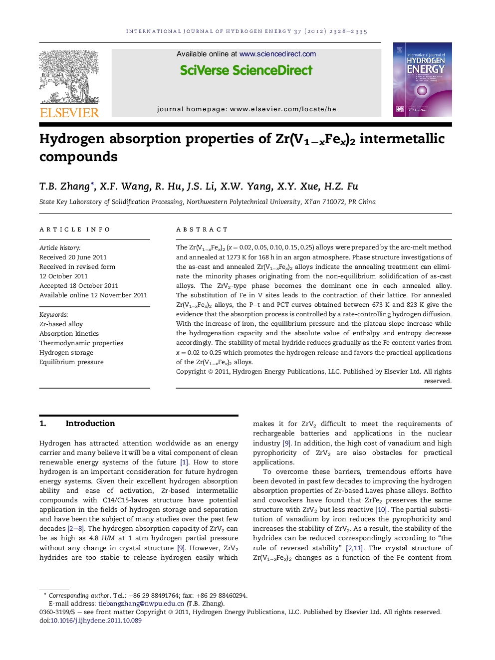 Hydrogen absorption properties of Zr(V1−xFex)2 intermetallic compounds