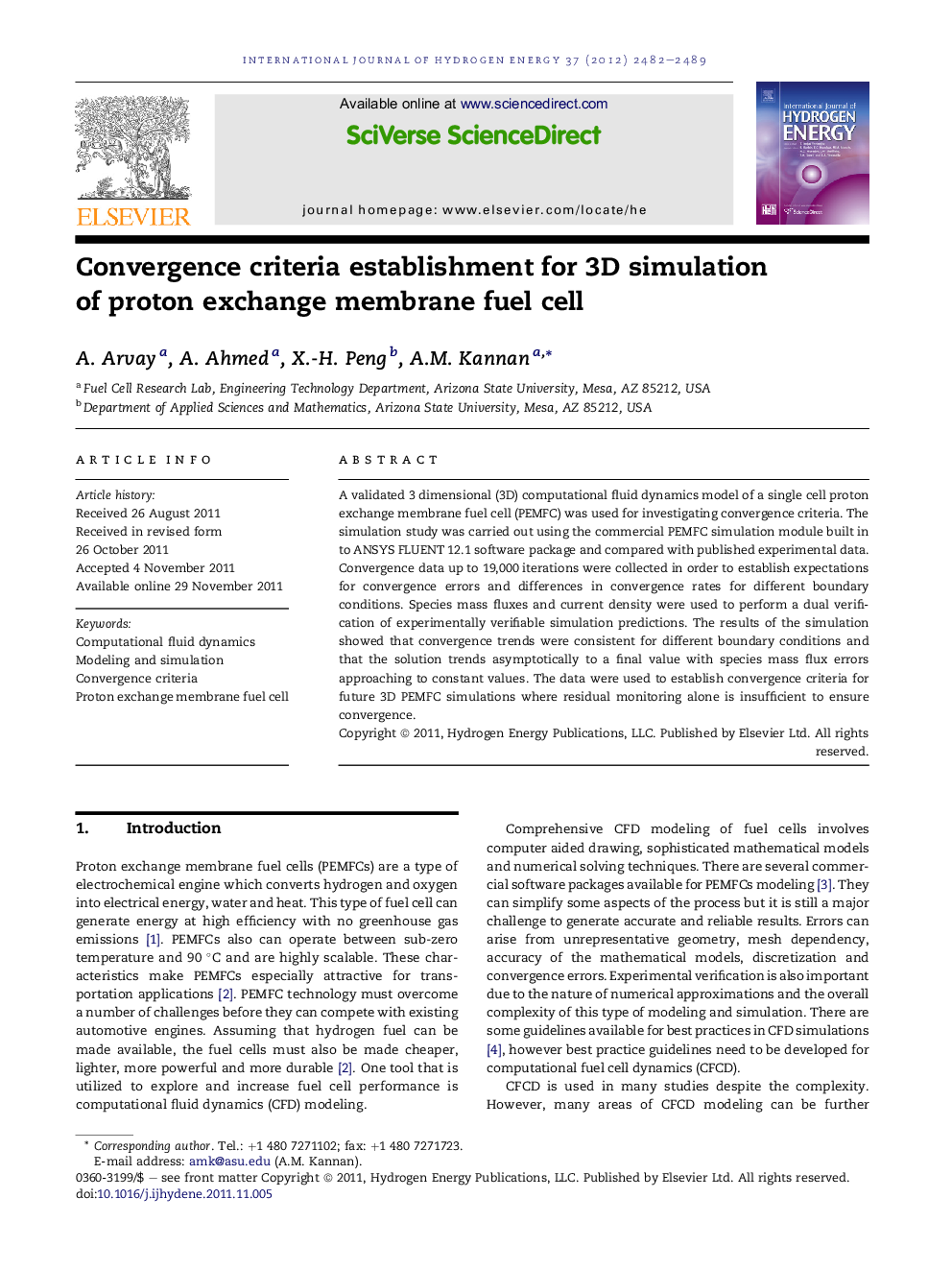 Convergence criteria establishment for 3D simulation of proton exchange membrane fuel cell