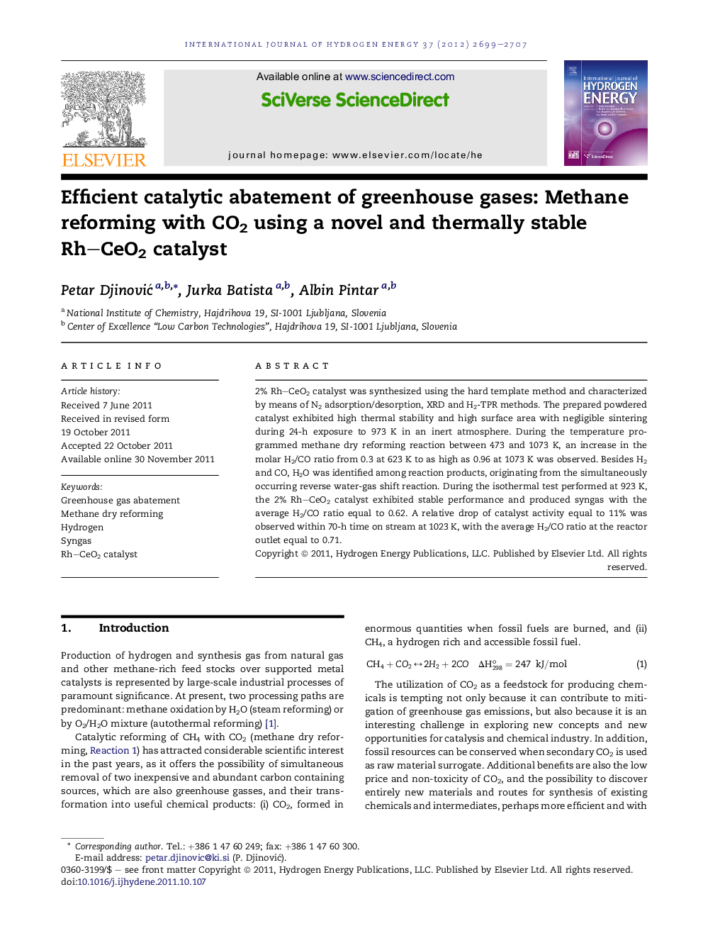 Efficient catalytic abatement of greenhouse gases: Methane reforming with CO2 using a novel and thermally stable Rh–CeO2 catalyst