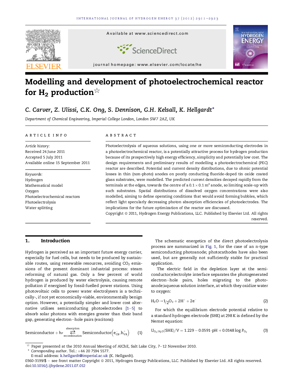 Modelling and development of photoelectrochemical reactor for H2 production 