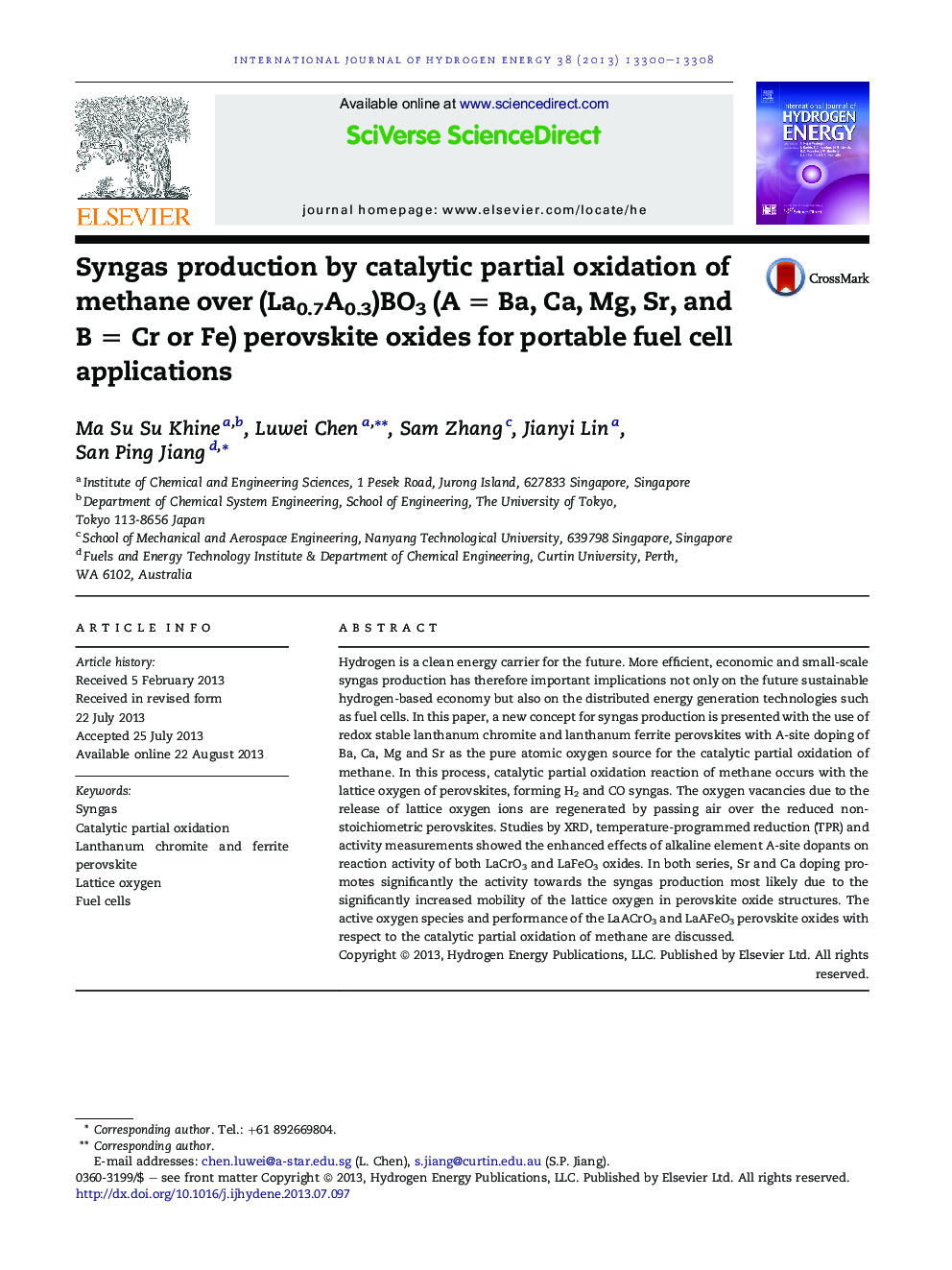 Syngas production by catalytic partial oxidation of methane over (La0.7A0.3)BO3 (A = Ba, Ca, Mg, Sr, and B = Cr or Fe) perovskite oxides for portable fuel cell applications