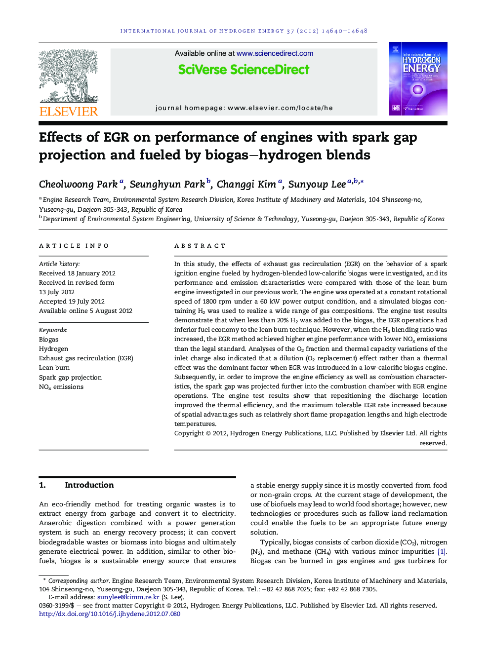 Effects of EGR on performance of engines with spark gap projection and fueled by biogas–hydrogen blends