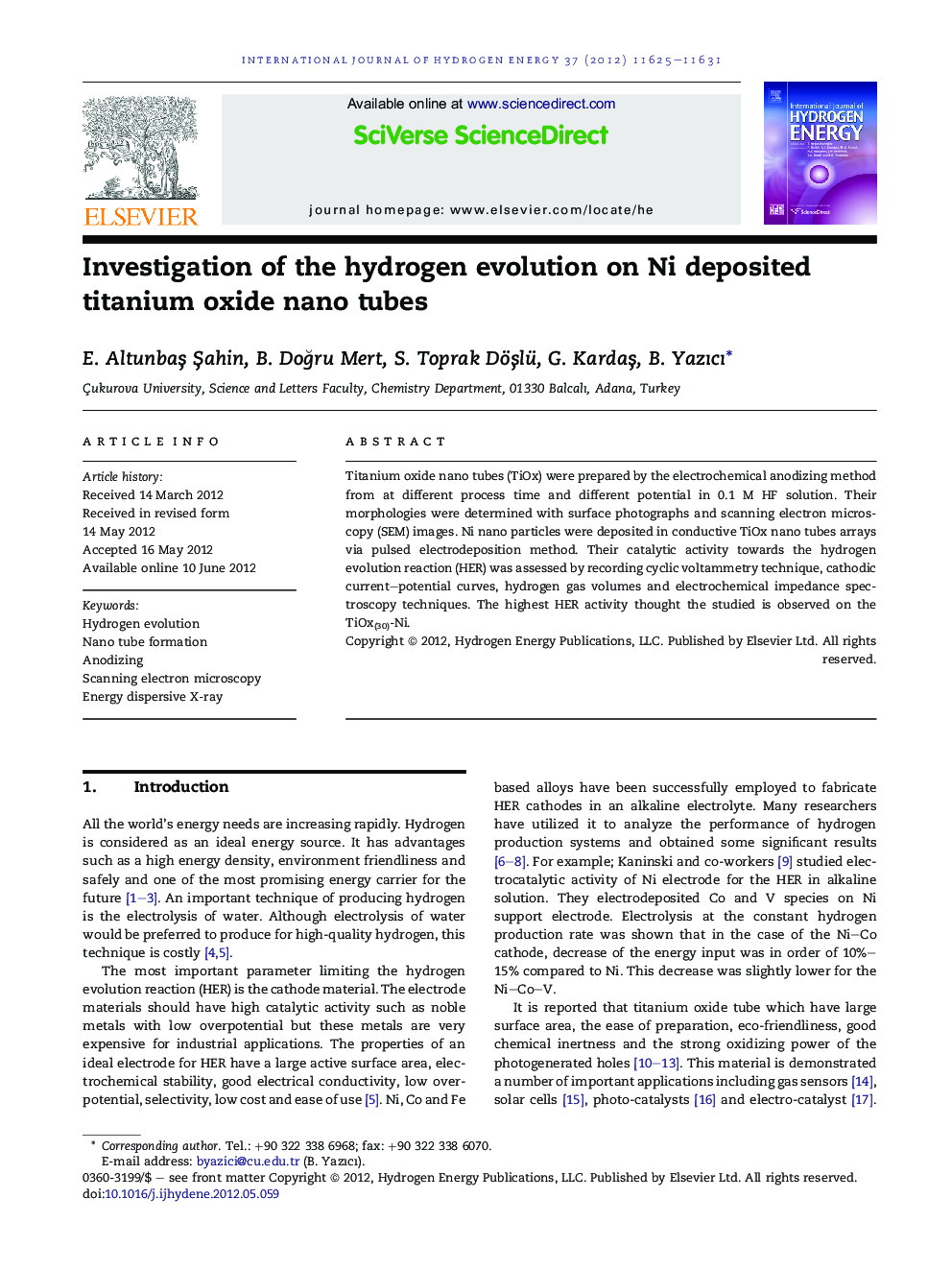 Investigation of the hydrogen evolution on Ni deposited titanium oxide nano tubes