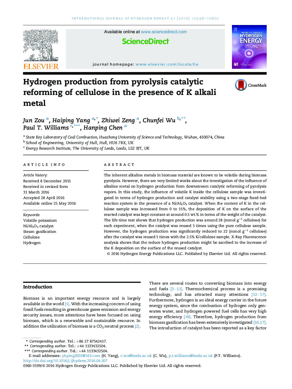 Hydrogen production from pyrolysis catalytic reforming of cellulose in the presence of K alkali metal