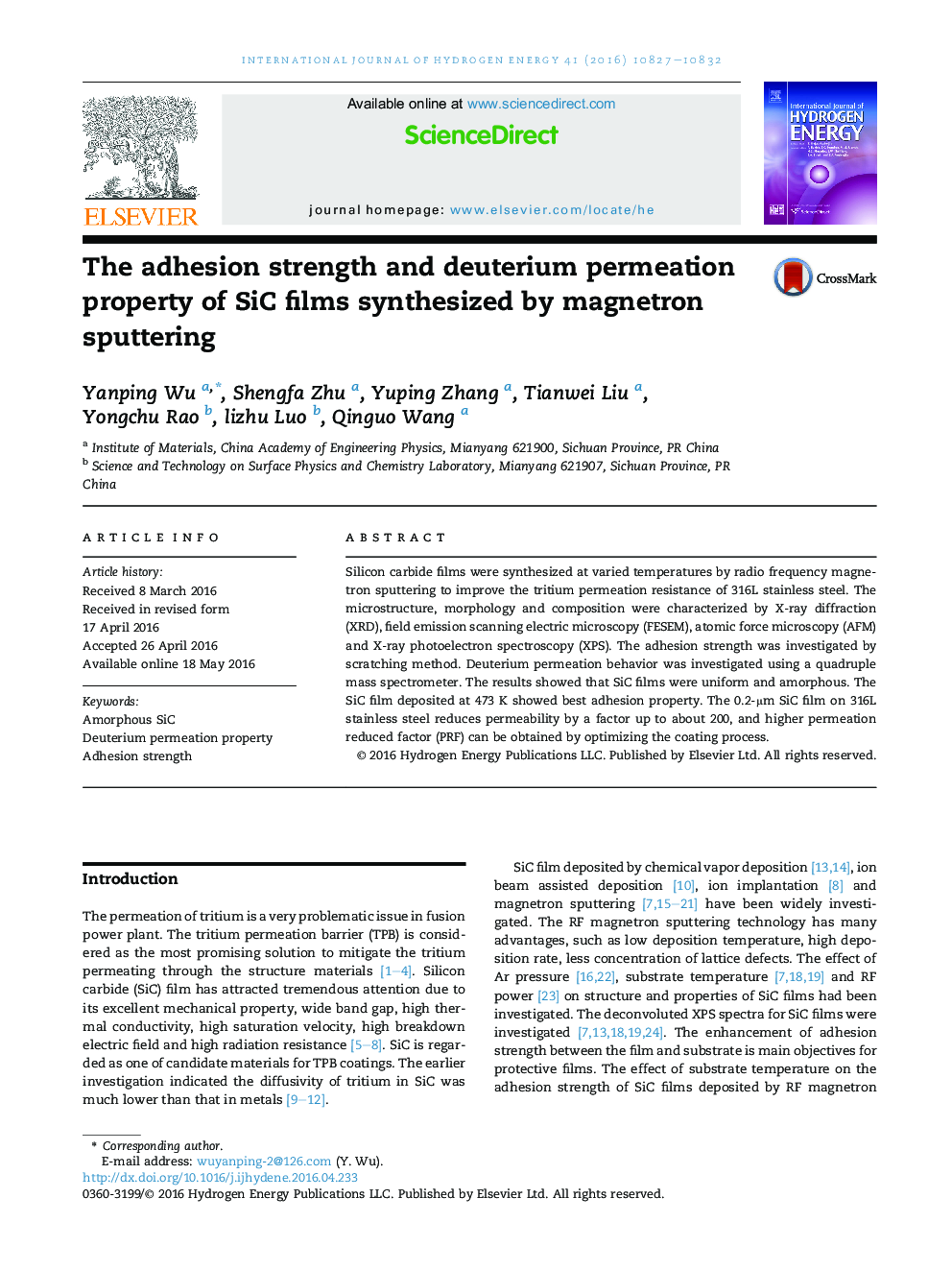 The adhesion strength and deuterium permeation property of SiC films synthesized by magnetron sputtering