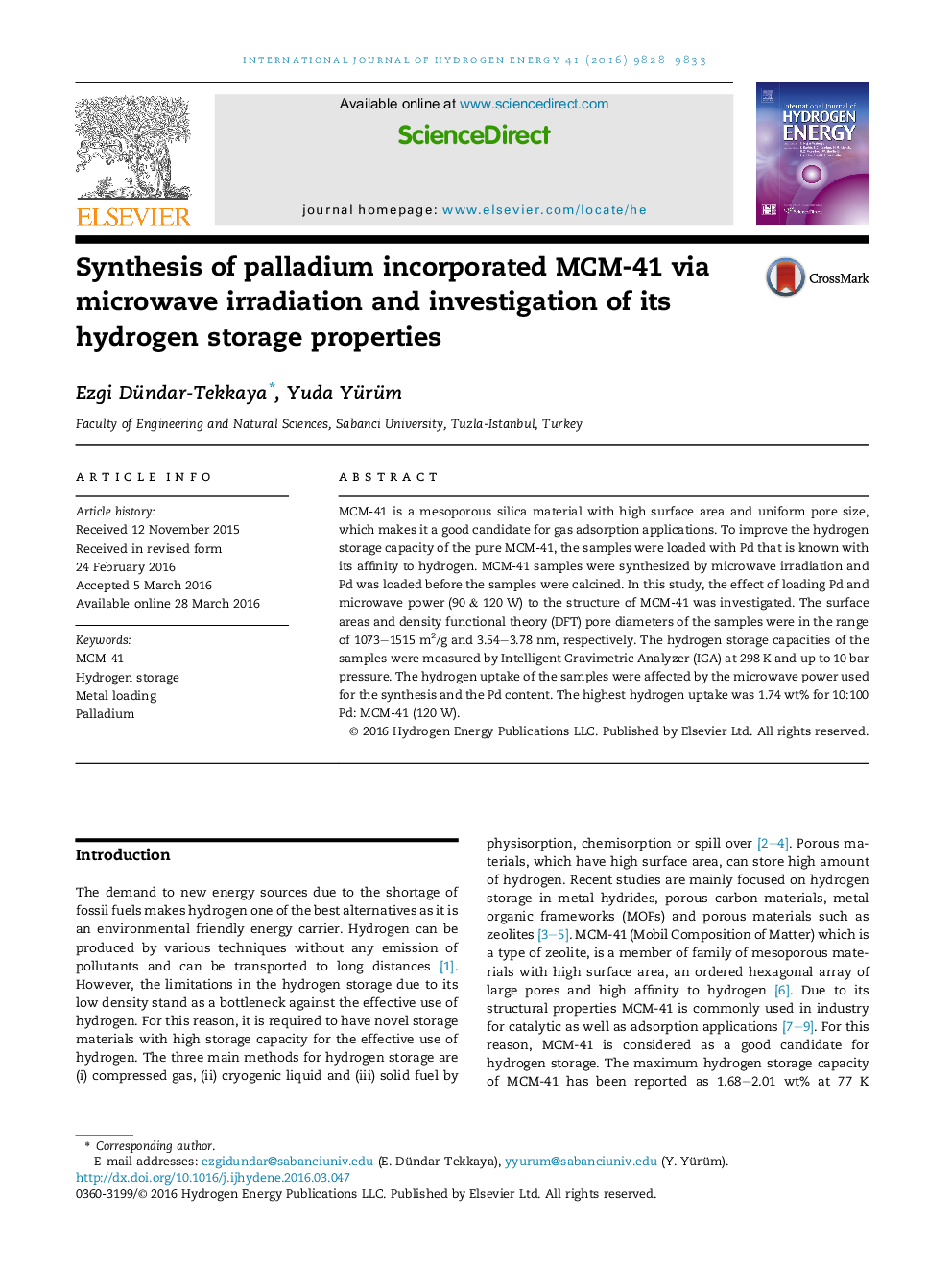 Synthesis of palladium incorporated MCM-41 via microwave irradiation and investigation of its hydrogen storage properties